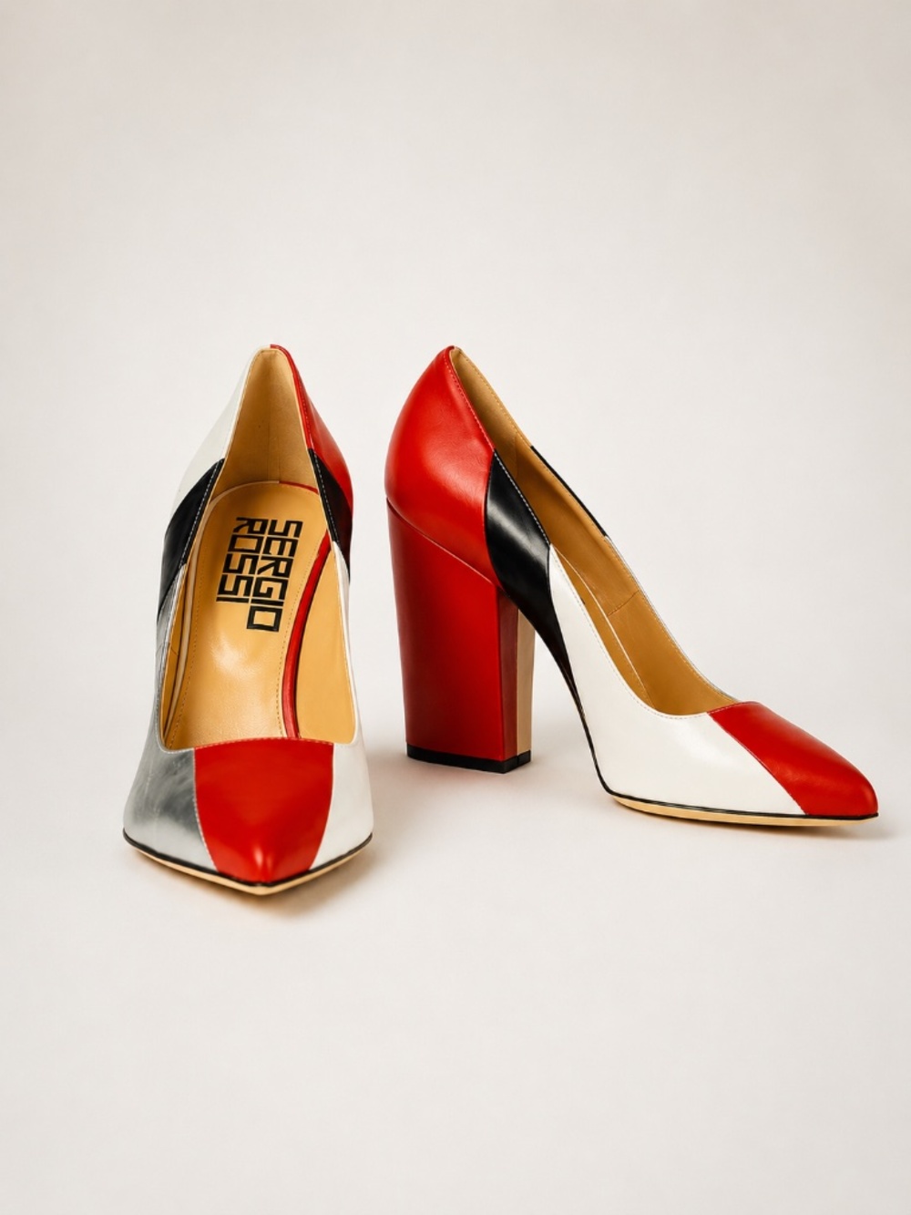 Sergio Rossi Red White Silver Colorblock Pumps EU 40 Block Heel